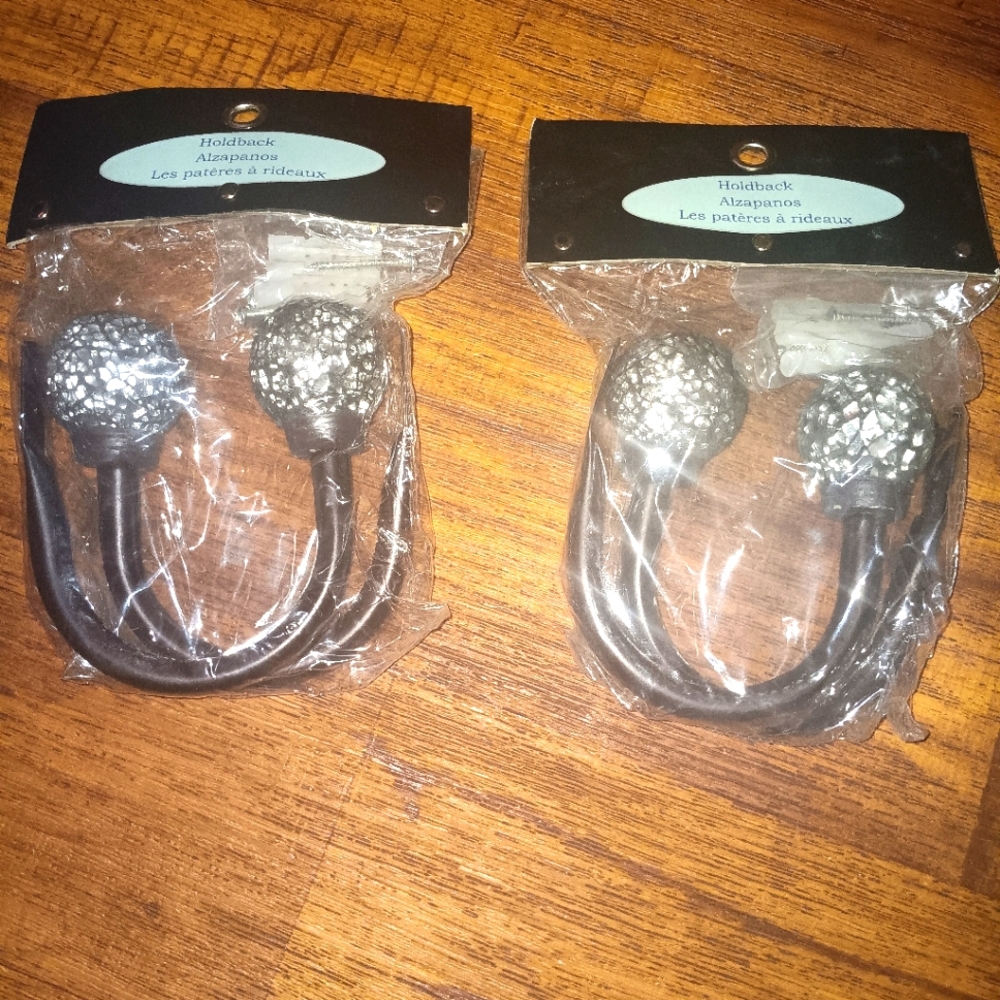 New 2 Set Of Silver and Black Metal Curtain Holdbacks